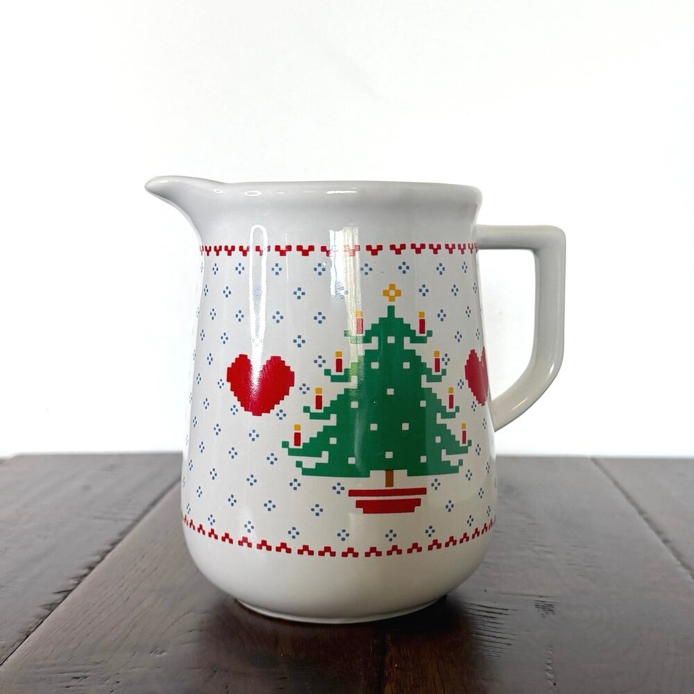 Vintage 1984 Treasure Craft Homespun Cross Stitch Style Christmas Tree Pitcher